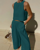 Women Summer Vacation Casual Loose Solid Color Sleeveless Top Wide Leg Pants Two Piece Set