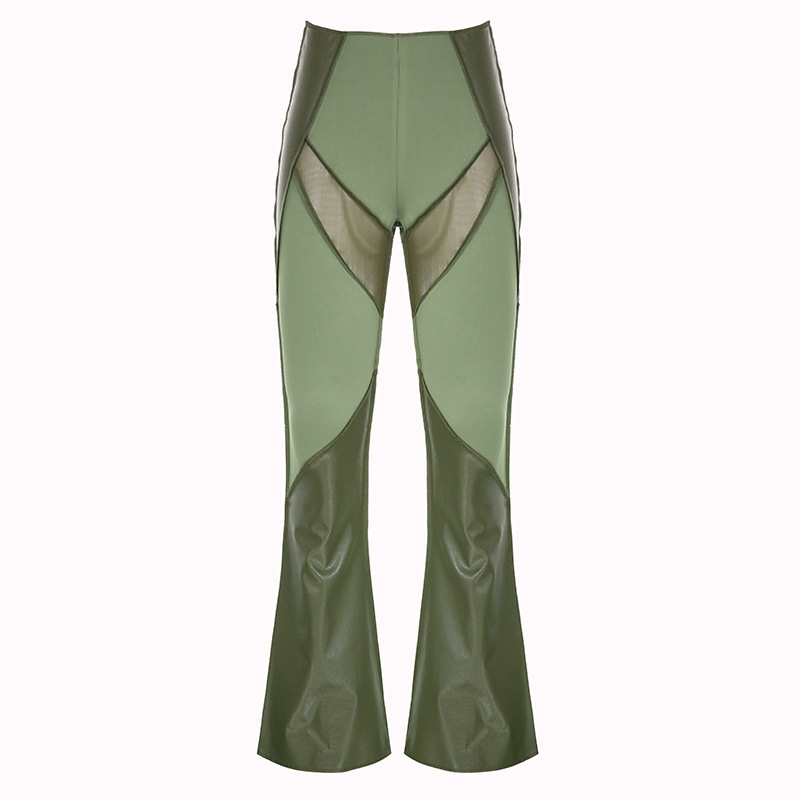 Women'S Fashion Edgy Mesh Color Blocking Hollow See-Through Flared Pants