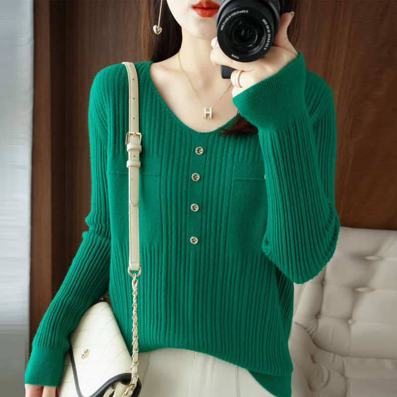 Women Solid Color Urban Casual Office Chic Slim-Fit V-Neck Knitted Long-Sleeved Tops Knitwear