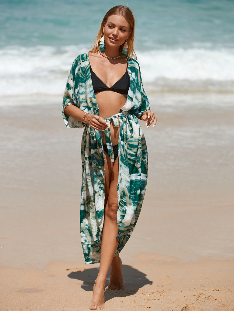 Women'S Sexy Leaves Print V Neck Batwing Sleeves Beach Vacation Loose Waist Tie Cardigan Dress