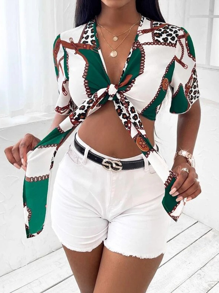 Women'S Sexy Digital Printing Short Sleeve Cropped Blouse