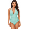 Women Simple Solid Color Shirring Halter Neck One-Piece Swimwear