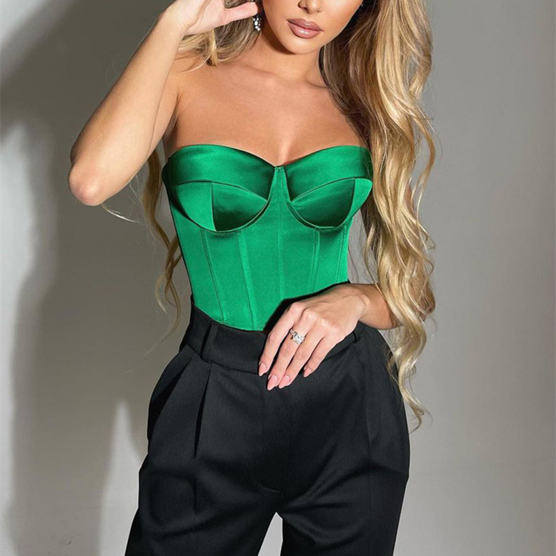 Women Edgy Fashion Satin Solid Color Crop Tube Top