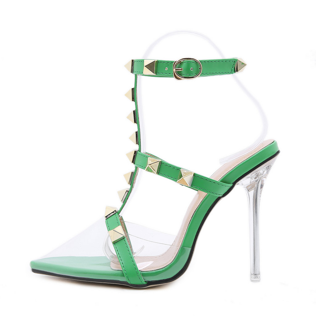 Women Sexy Rivet Decorative Buckle Design Pointed Open Toetransparent Stiletto Sandals