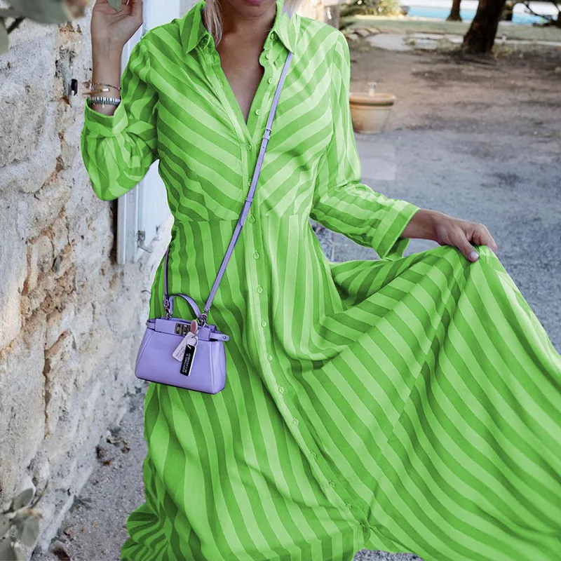 Women Ramadan /Eid Fashion Casual Stripe Long Sleeve Maxi Dress