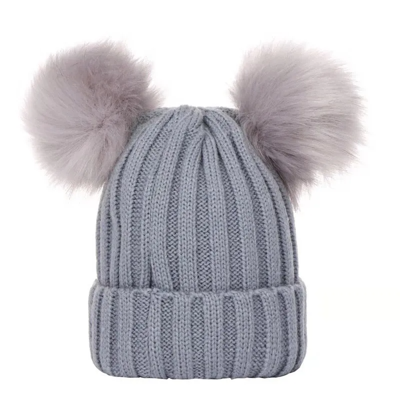 Kids Warm Solid Color Double Pompon Knitting Cap