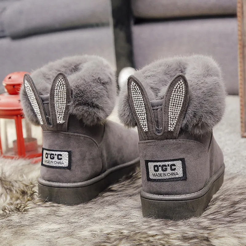 Women Fashion Velvet Warm Back Rabbit Ears Snow Boots