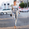 Women Fashion Solid Color Long Sleeve Rib-Knit Top And Drawstring Waist Pants Two Piece Set