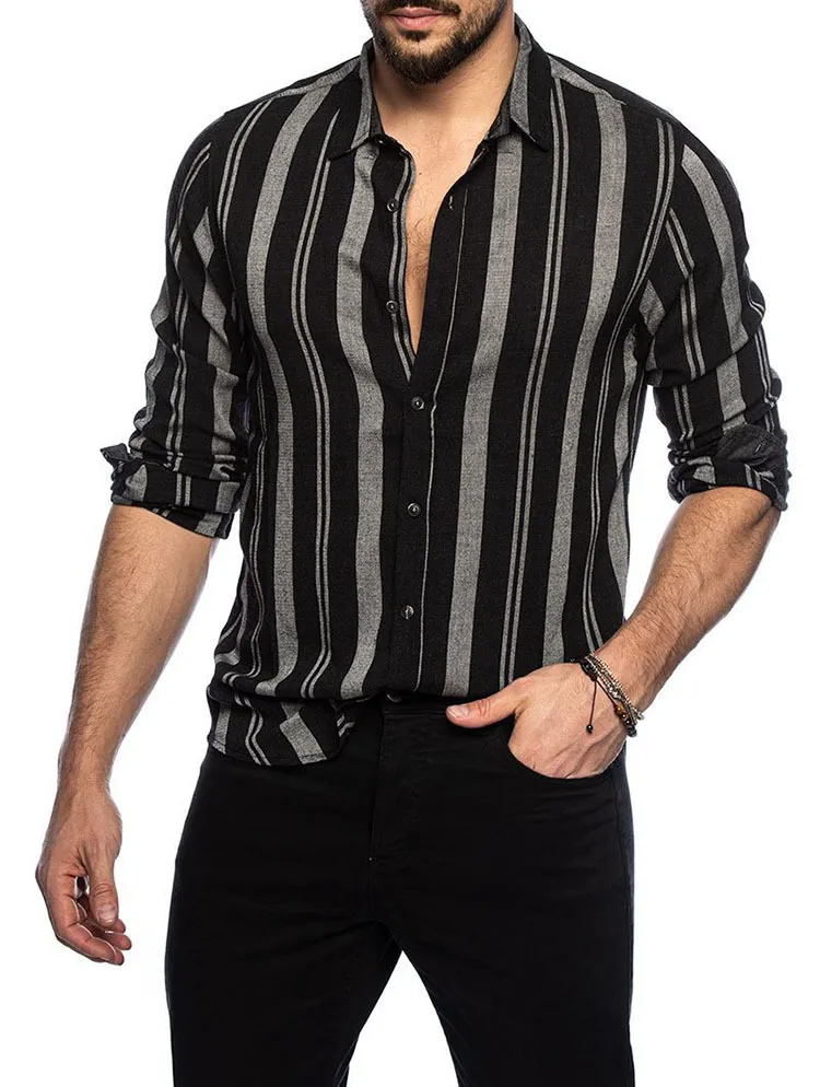 Men Fashion Stripe Print Long Sleeve Lapel Shirt