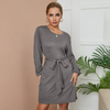 Women Office Elegant Solid Color Long Sleeve Round Neck Bandage Knitted Dress