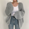 Women Autumn Lazy V-Neck Loose Casual Solid Color Long Lantern Sleeve Knitted Cardigan