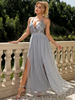 Elegant Women Fashion Sequin Decor Deep V Side Slit Mesh Maxi Party Evening Dress