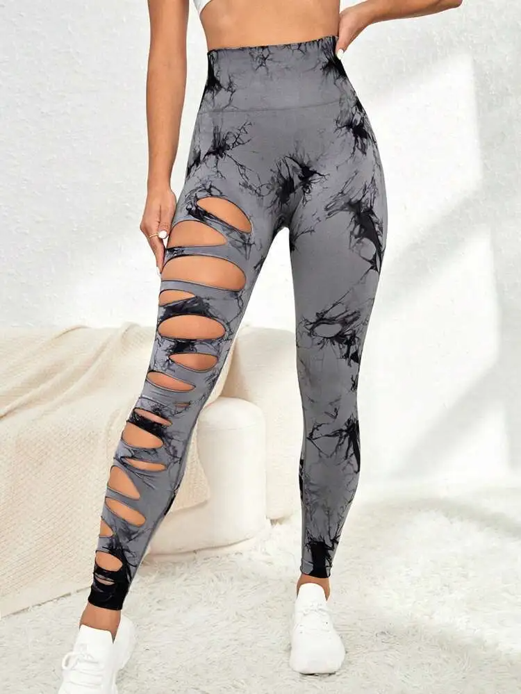 (Buy 1 Get 1) Fashion Women Sports Yoga High Waist Tie Dye Print Ripped Hollow Leggings Pants