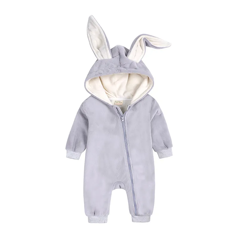 Kids Baby Boys Girls Autumn Winter Casual Cute Solid Color Rabbit Ears Fleeces Long Sleeve Hooded Bodysuit