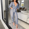 Women Solid Color Lapel V Neck Waist Tie Long Sleeve Loose Casual Jumpsuit