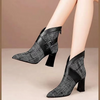 Women'S Fashion Pointed Toe Belt Buckle Stripe Back Zip Block Heel Short Boots