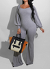 Women Solid Color Square Neck Long Sleeve Lantern Sleeve Wide Leg Casual Jumpsuit