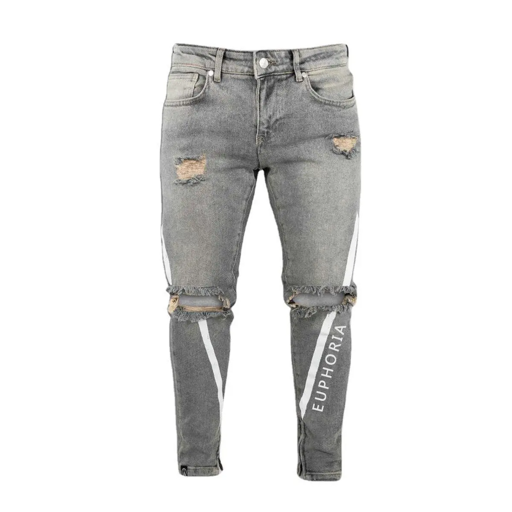 Men Summer Fashion Casual Solid Color Letter Jogger Ripped Jeans