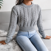 Fashion Casual Autumn Winter Solid Color Braided Long Sleeve Cropped Knitted Sweater