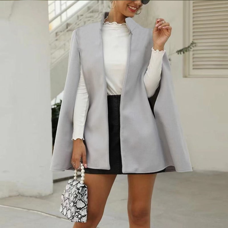 Women Elegant Solid Color Stand Neck Cloak Pattern Coat
