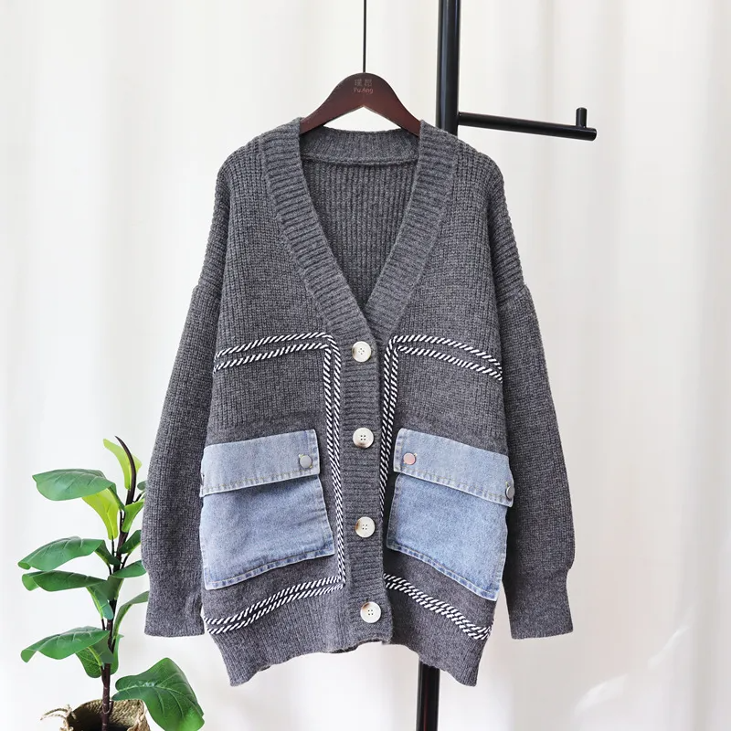 Women  Loose Stitching Denim Knit Cardigan