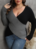 Casual Women Plus Size Winter Autumn Color Contrast V Neck Long Sleeve Cross Knitted Sweater