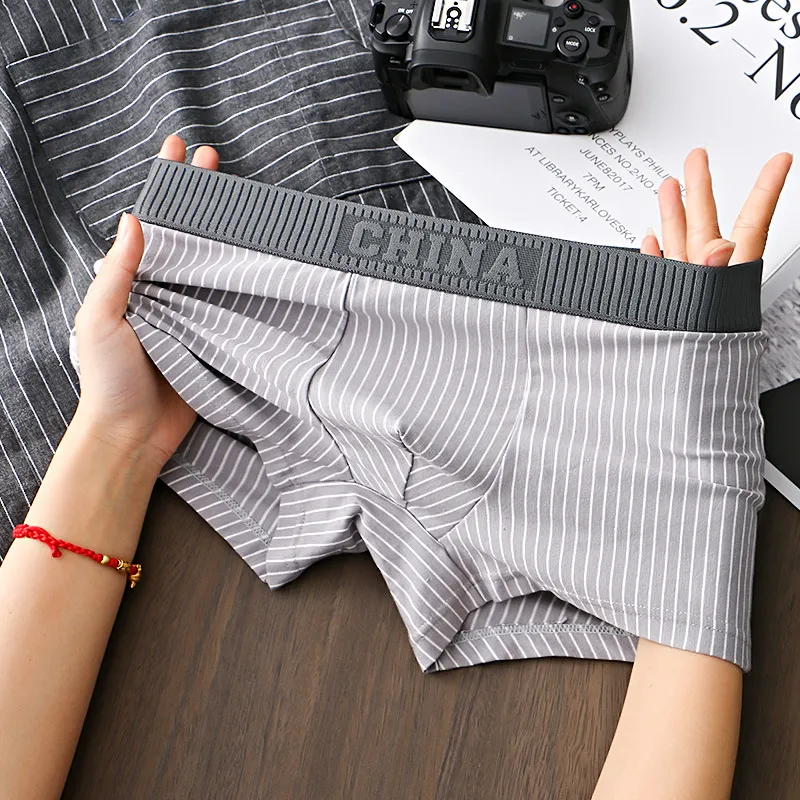 (Buy 1 Get 1) Men Simple Letter Stripe Cotton Mid Waist Boxer Pants