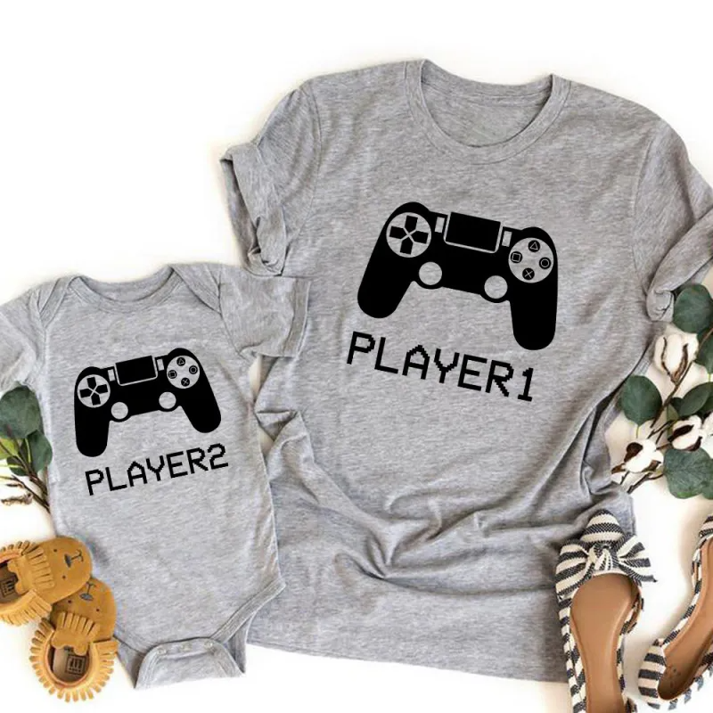 Player1 Player2 Video Game Pattern Print Parent-Child Dress Father-Son Round Neck Loose Top