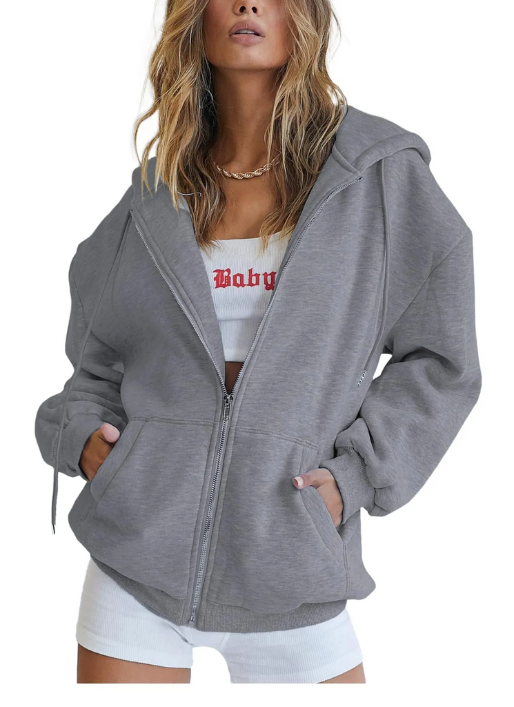 (Buy 1 Get 1) Women Casual Loose Zipper Long Sleeve Hooded Sweatshirt Jacket