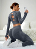 (Buy 1 Get 1) Fashion Women Sports Solid Color Hollow Long Sleeve Crop Top And Yoga Leggings Set