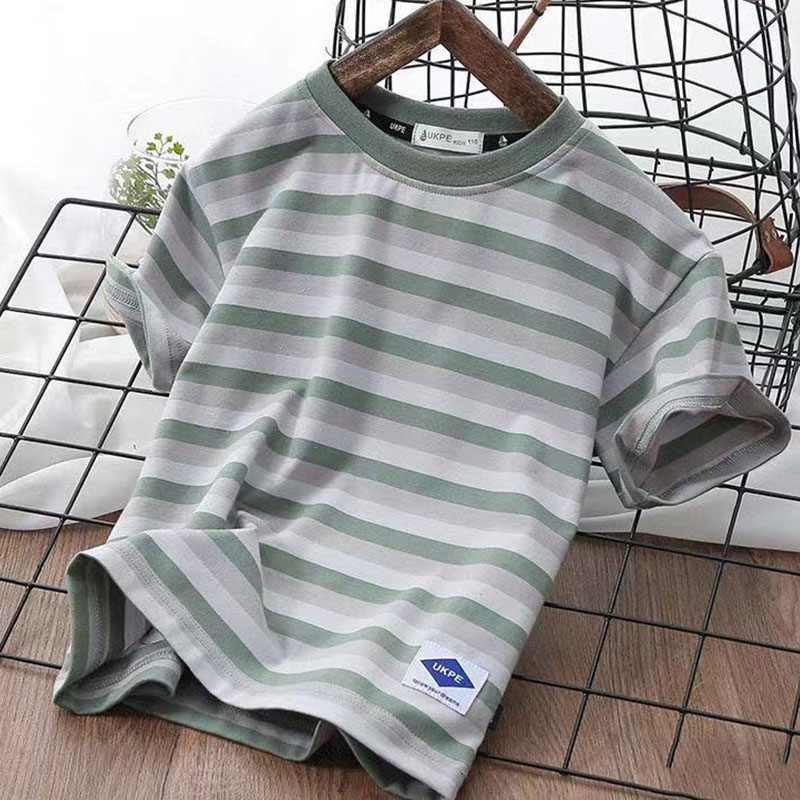 Kids Boys Casual Round Neck Short Sleeve Wide Stripe Loose T-Shirt