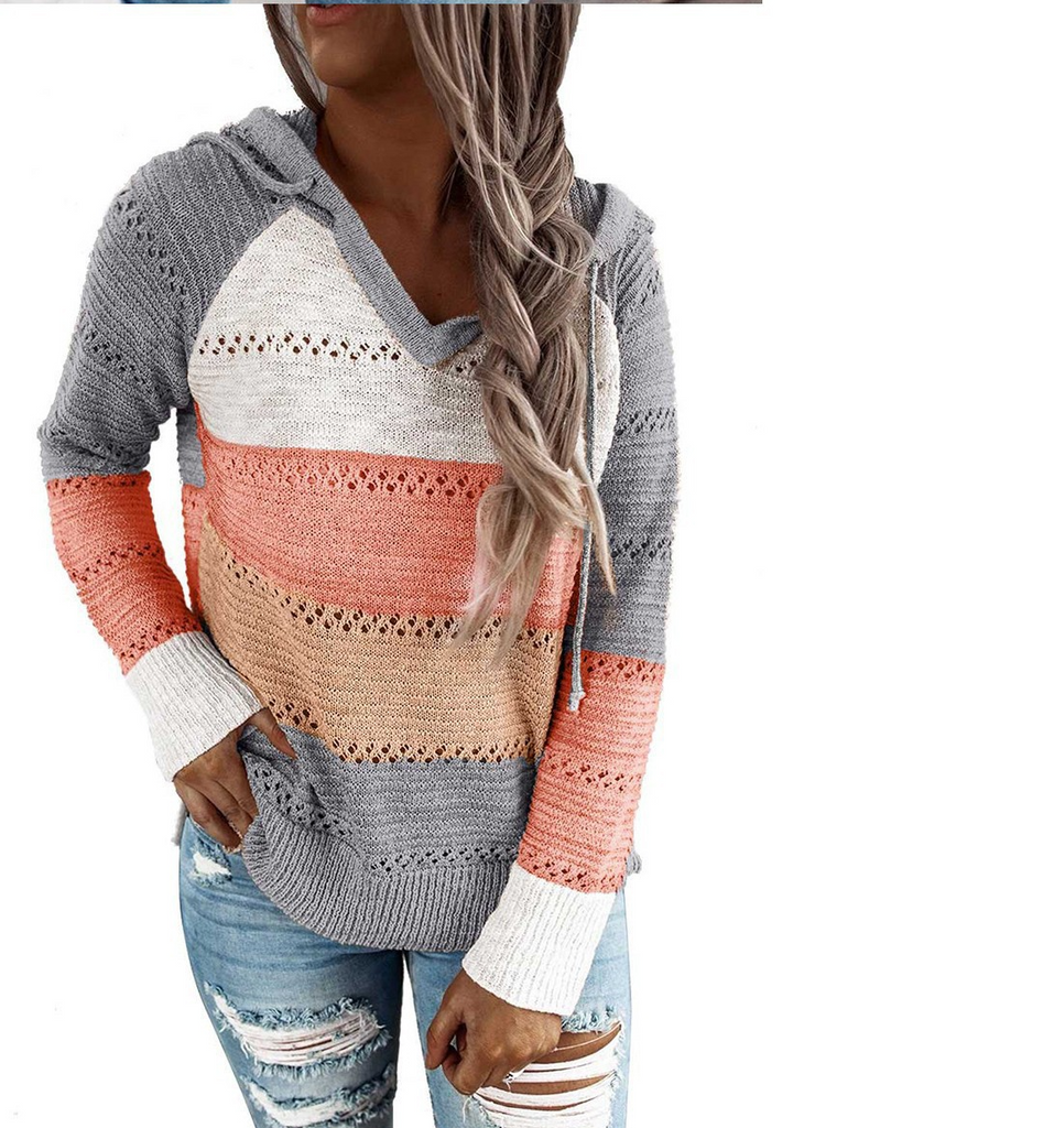 Women Casual Loose V-Neck Hollow Pullover Stripe Hooded Knitted Sweater