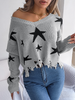 Women Fashion Casual V-Neck Star Hole Long Sleeve Knitted Sweater