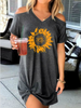 Women Fashion Summer Vacation Casual Sunflower Printing Cool-Shoulder Dress