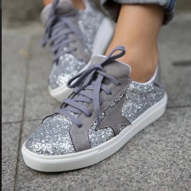 Women Fashion Casual Plus Size Leopard Star Round Toe Flat Sneakers