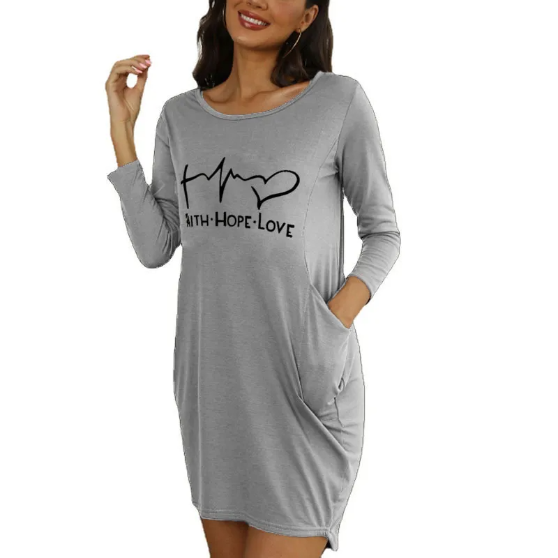 Women Fashion Casual Heart Letter Print Round Neck Loose Dress