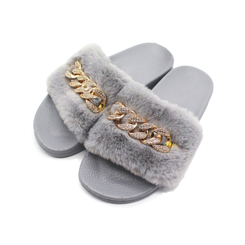 Women Leisure Plush Metal Chain Design Flats Slippers Shoes