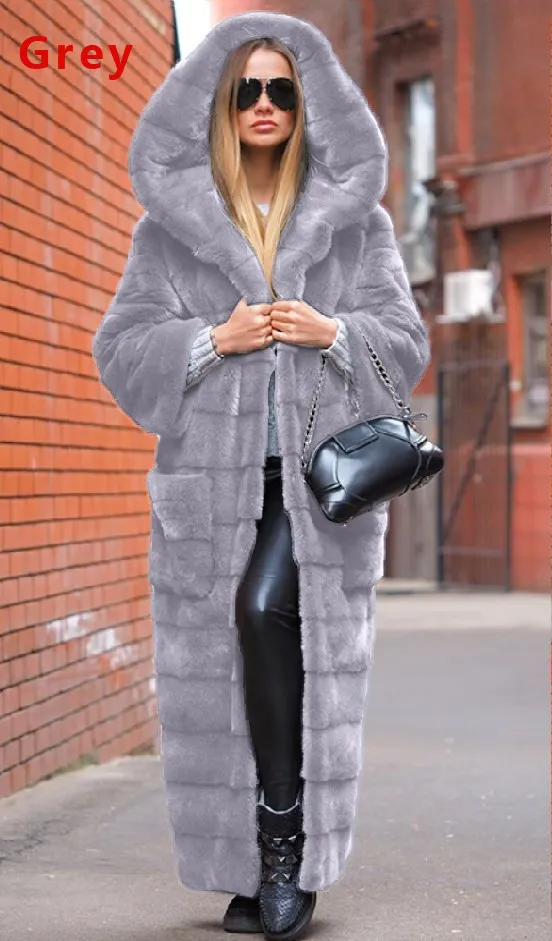 Winter Women Fashion Imitation Fur Hooded Plush Long Coat