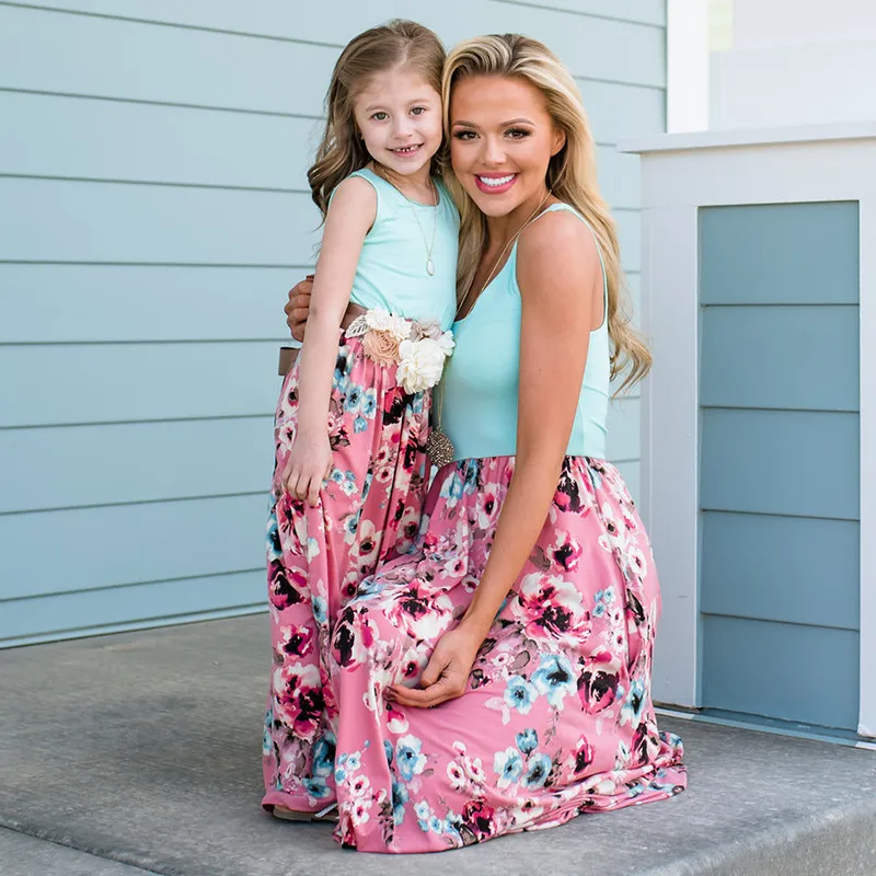 Fashion Summer Vacation Family Mother-Daughter Floral Printed Round Neck Sleeveless Maxi Dress