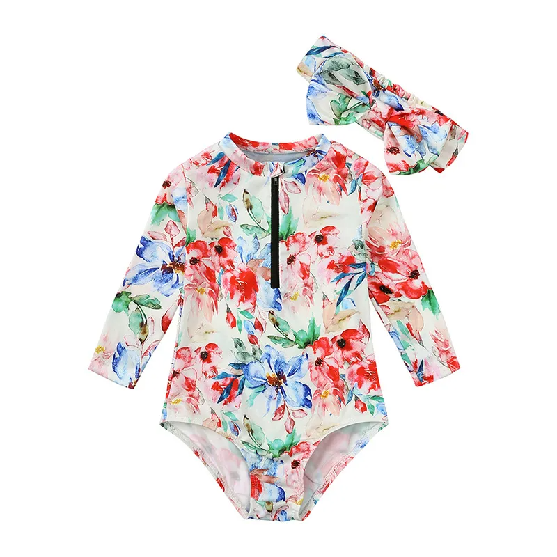 Toddlers Newborn Baby Fashion Girls Long Sleeve Flower Print Zipper Swimsuit And Headband