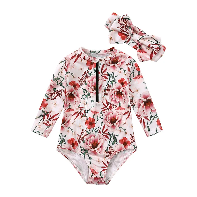 Toddlers Newborn Baby Fashion Girls Long Sleeve Flower Print Zipper Swimsuit And Headband