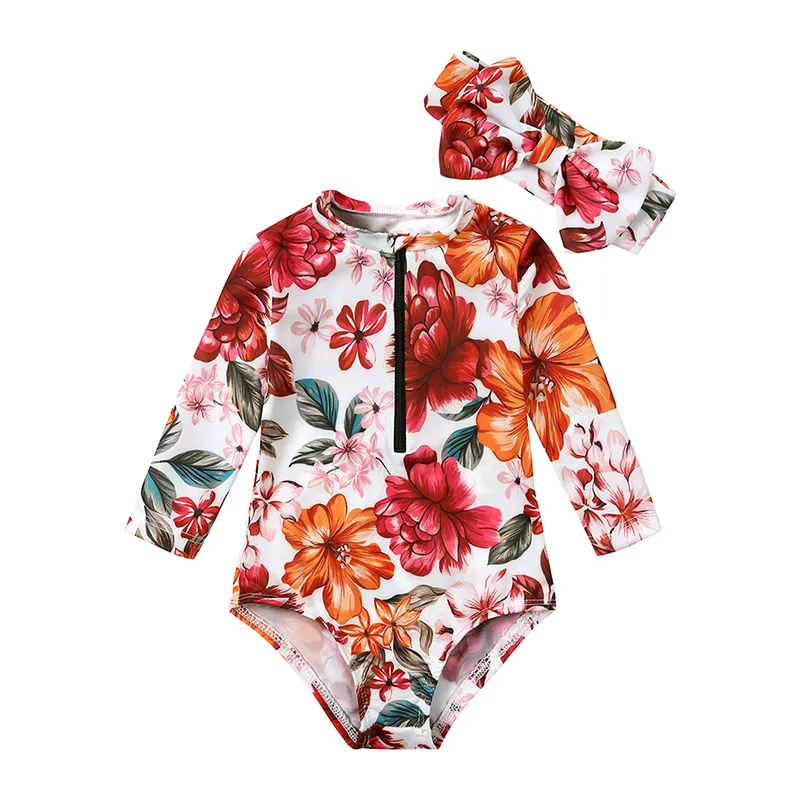 Toddlers Newborn Baby Fashion Girls Long Sleeve Flower Print Zipper Swimsuit And Headband