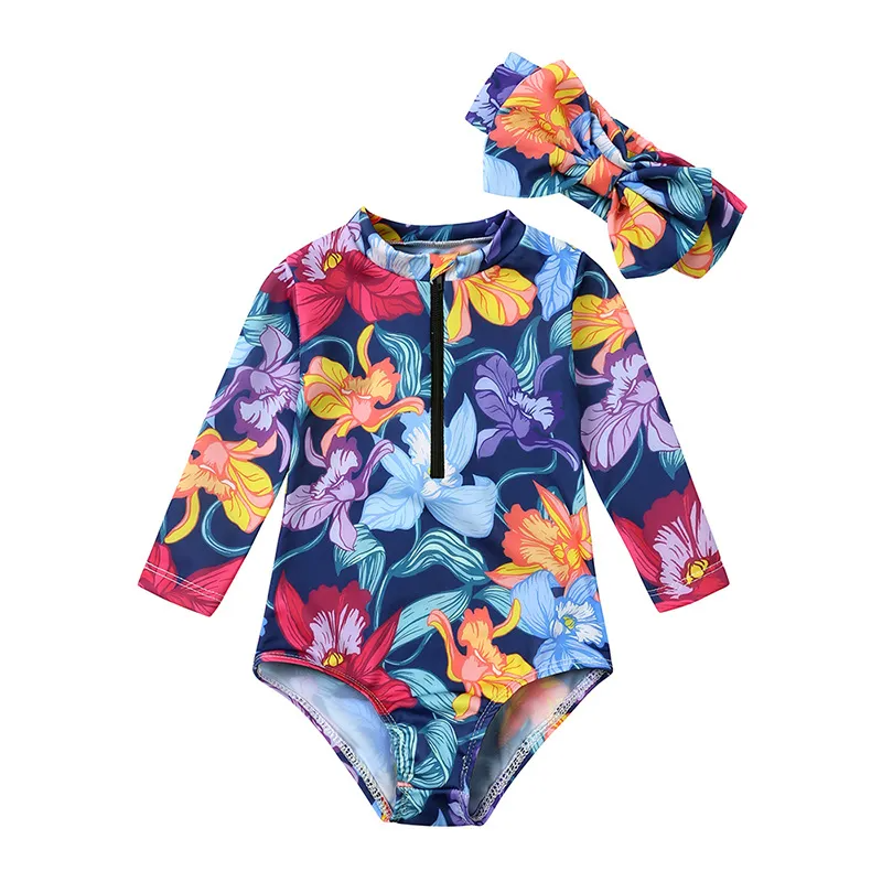 Toddlers Newborn Baby Fashion Girls Long Sleeve Flower Print Zipper Swimsuit And Headband