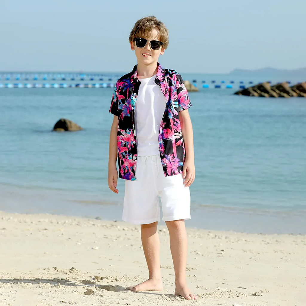 Children Kids Baby Fashion Boys Short Sleeve Floral Print Beach Shirt