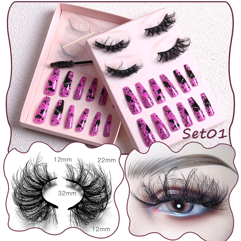 Women Multi Layer Thick Messy False Eyelashes Halloween Skull False Nail Set