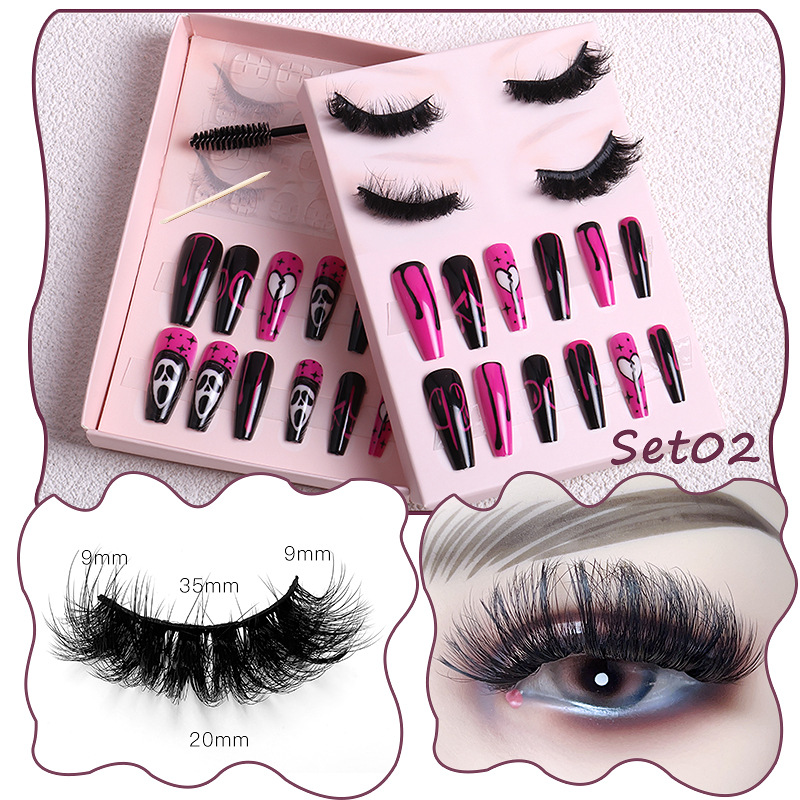 Women Multi Layer Thick Messy False Eyelashes Halloween Skull False Nail Set