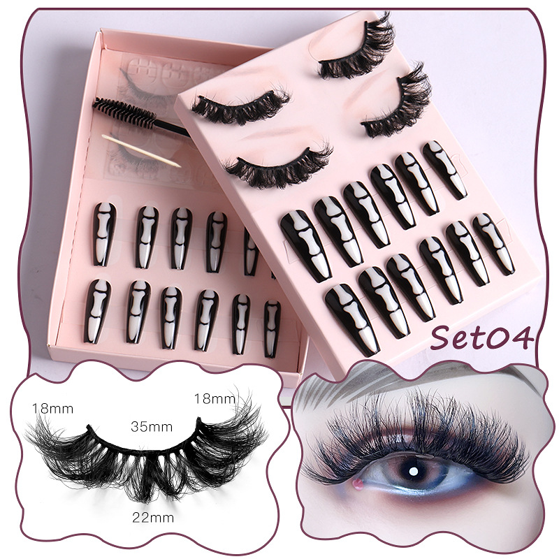 Women Multi Layer Thick Messy False Eyelashes Halloween Skull False Nail Set