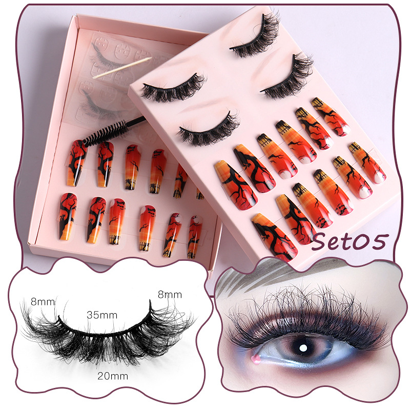 Women Multi Layer Thick Messy False Eyelashes Halloween Skull False Nail Set