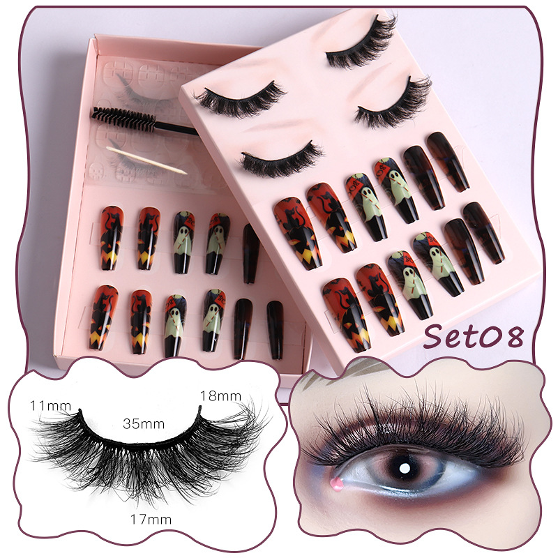 Women Multi Layer Thick Messy False Eyelashes Halloween Skull False Nail Set