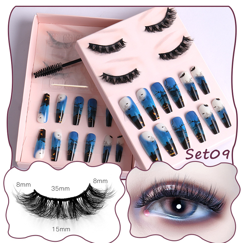 Women Multi Layer Thick Messy False Eyelashes Halloween Skull False Nail Set